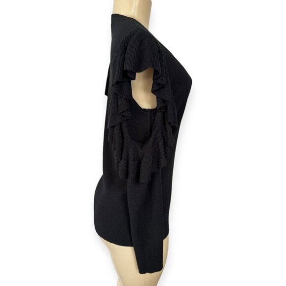 Max Studio Black Ruffled Pullover Sweater Cold Shoulder Long Sleeve Top - Picture 4 of 11